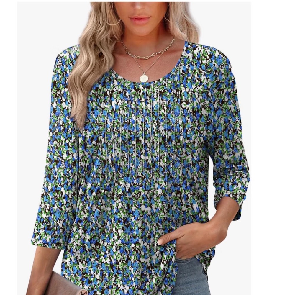 XIEERDUO Pleated Tunic Blouse Womens Blue Floral 3/4 Sleeve Top Good